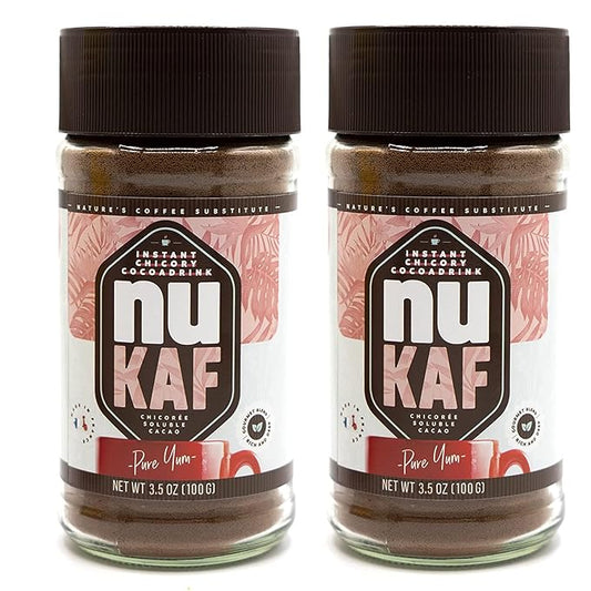 nuKAF By Gourmanity Instant Chicory Coffee Alternative with Cocoa, Brews Like Regular Coffee, Chicory Root Powder Great for Your Daily Drink, Rich in Prebiotics, Kosher, 3.5oz jar (Pack of 2)