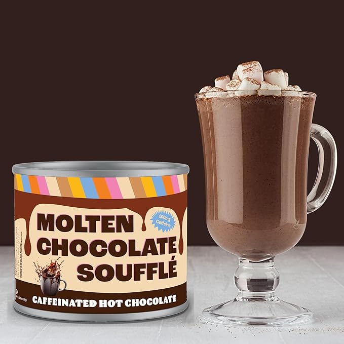 Crazy Cups Caffeinated Molten Chocolate Souffle Hot Cocoa Mix - Premium Coffee Substitute, 12 Ounce Canister for Bulk Hot Chocolate Lovers