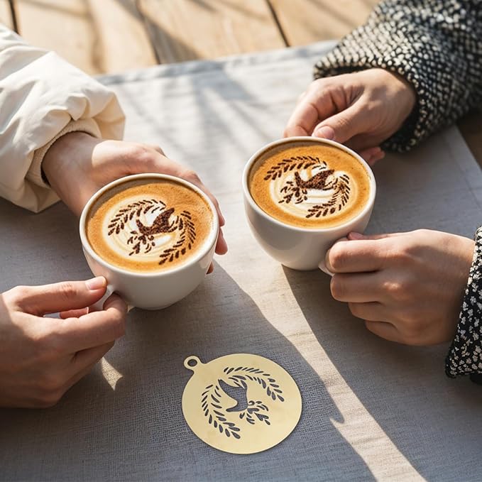 4 Pcs Coffee Stencils,Large Coffee Stencils Latte Art,Lattes Stencilss with Various Patterns for Cappuccino Chocolate Lattes Cake Decorating Coffees Shop and Home Use(Gold,4.53IN)