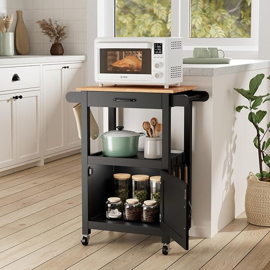 VINGLI Small Kitchen Island Cart on Wheels with Storage, Rolling Kitchen Island with 1 Drawer & 1 Shelf, Towel Rack & Cabinet, Kitchen Island Cart with Storage, Black