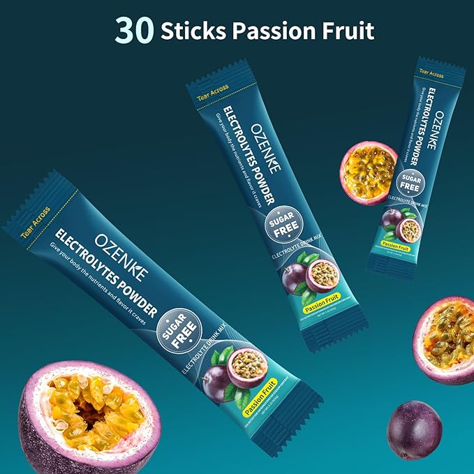 30 Sticks Electrolyte Powder Packets Sugar Free Hydration Packets Electrolytes Drink Mix for Rapid Hydration, Passion Fruit Flavor