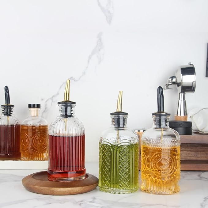 Simple Syrup Bottles Set of 6, Glass Coffee Syrup Dispenser Bottles 7 OZ With Metal Pour Spout, Labels and Stopper, Glass Syrup Dispenser for Maple Honey Syrup Oil and Sauces, SC060