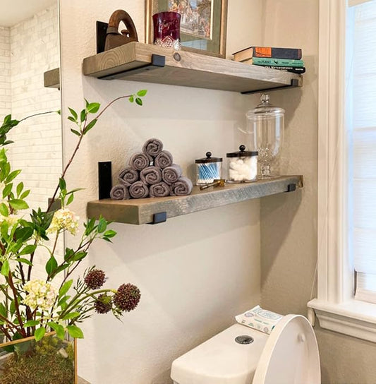 Rustic Shelves with J-Brackets Set of 2, Industrial Shelf, Kitchen Shelves, Solid Wood, Decorative Wall Storage, Heavy Duty, URBANDI (Grey, 48Wx12D)