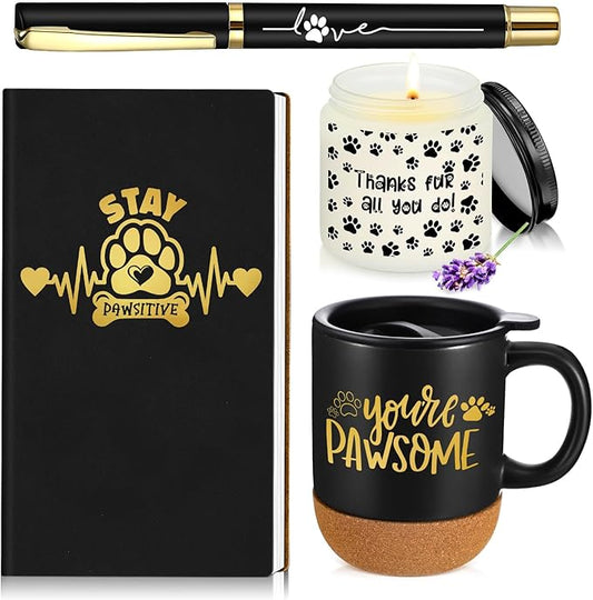 4 Pcs Veterinary Gifts Set Black Thank You Gift for Cat Dog Groomers Trainer Coffee Mug Scented Candle Notebook Pen for Vet Tech Veterinary Assistant Receptionist Dog Sitter Daycare Coworker
