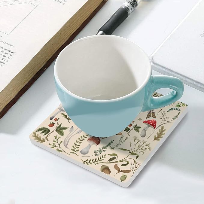 Botanical Drink Coasters, Square Ceramic Drink Coaster Square-4PCS, Nature Cartoon Botanical Leaves Mushroom Plants Pattern Decor Absorbent Ceramic Coasters for Beverage Cup, Bar, Coffee Table