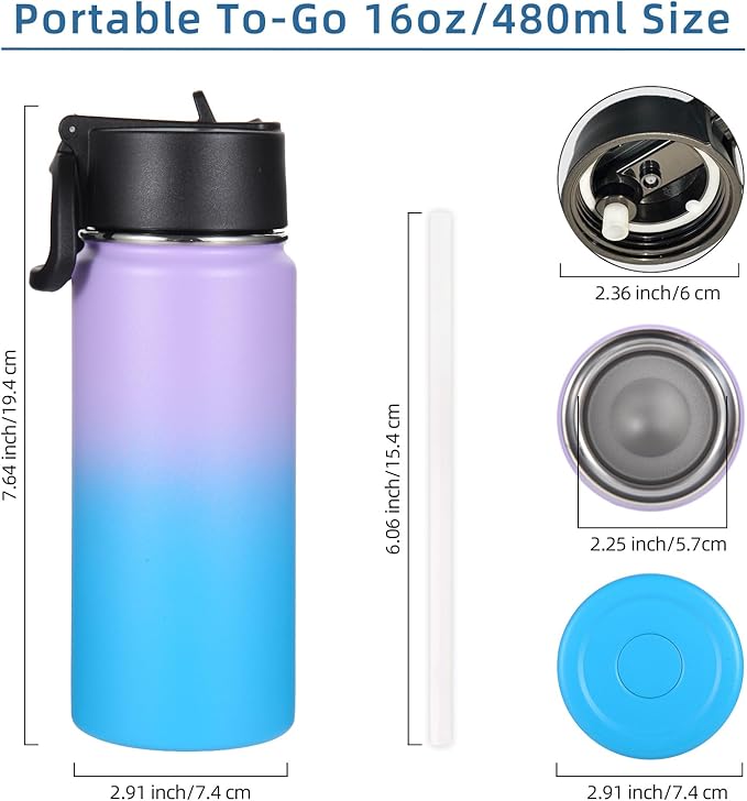 Volhoply 16 OZ Kids Water Bottle Bulk 4 Pack,Insulated Sports Bottles with Straw Lid,Stainless Steel Bottle with Handle Keep Cold,Double Wall Vacuum Tumbler Cups for School,Girl(Lavender Blue, 4
