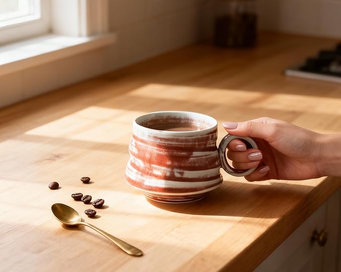 Handmade Ceramic Coffee Mug, 8.5 oz Rustic Stoneware Tea Cup, Microwave and Dishwasher Safe(Burgundy)