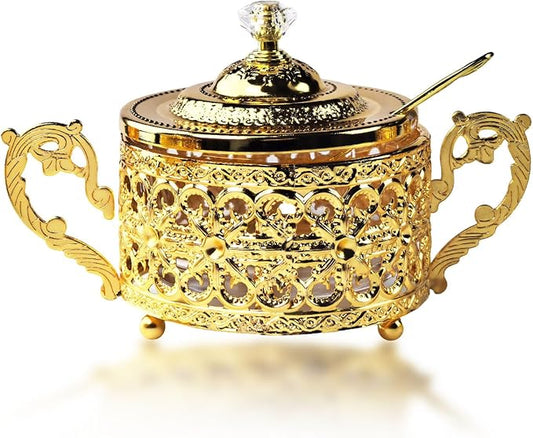 Flylin Sugar Bowl, Turkish Sugar Bowl with Lid and Spoon for Candy Cookie Honey, Golden Vintage Glass Seasoning Jar for Home and Kitchen Coffee Bar (4)