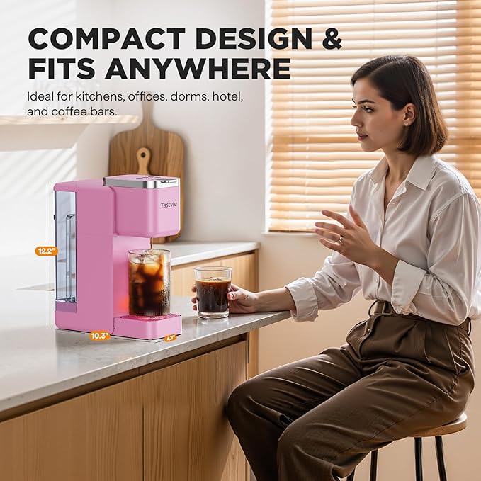 Tastyle Single Serve Coffee Maker, Iced and Hot Coffee Machine for K Cup & Grounds, Compact Design, 40oz Removable Water Reservoir, 6 to 24 Oz Brew Sizes, Fits 7.3" Travel Mug, Pink
