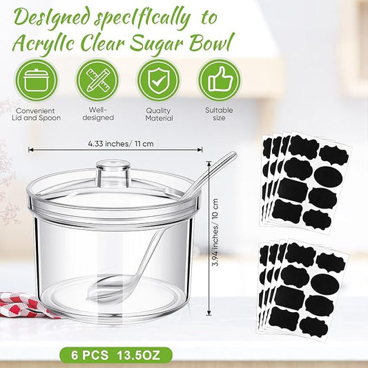Tioncy 6 Pcs Hot Cocoa Bar Supplies Sugar Bowls with Lid and Spoon Party Bar Ice Cream Sundae Caramel Apple Dipping Container Christmas Acrylic Candy Dispenser with Tag (13.5 oz,Clear)