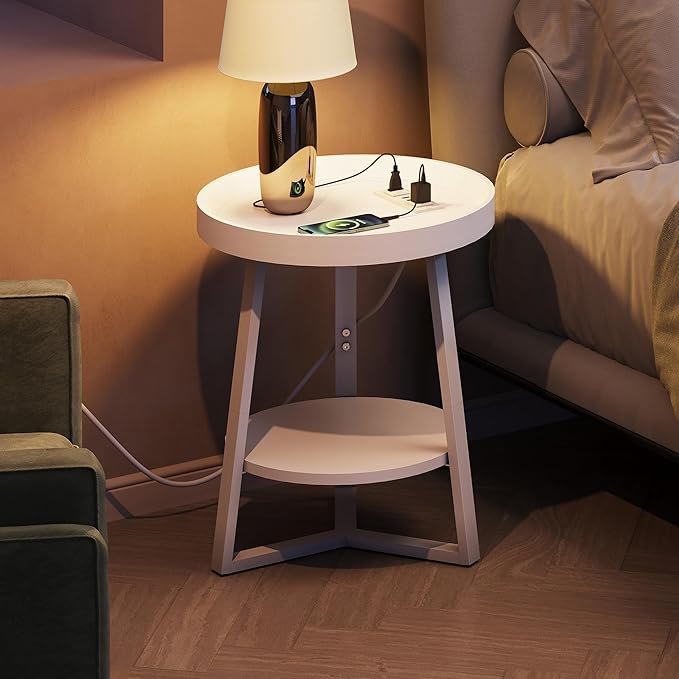 WLIVE Round End Table with Charging Station, Small Round Coffee Table, 2 Tier Side Table for Living Room/Bedroom, Sofa Couch, Wood Tabletop & Metal Frame, White