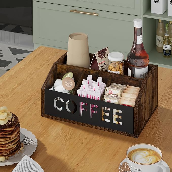YINMIT Coffee Station Organizer for Countertop, Wood Coffee Bar Organizer with Removable Dividers for Pods, Syrup, Cups, Stirrer, Tea - Office Bar Accessories (Iron Sheet-Vintage Brown, 1 Tier)