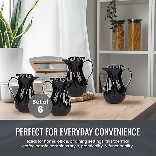 OCS Parts Set of 6 Easy Pour Thermal Coffee Carafes | 8-Inch Insulated Hot and Cold Beverage Pitcher Server for Coffee, Tea, Hot Chocolate and Water | 20-Ounce | Black