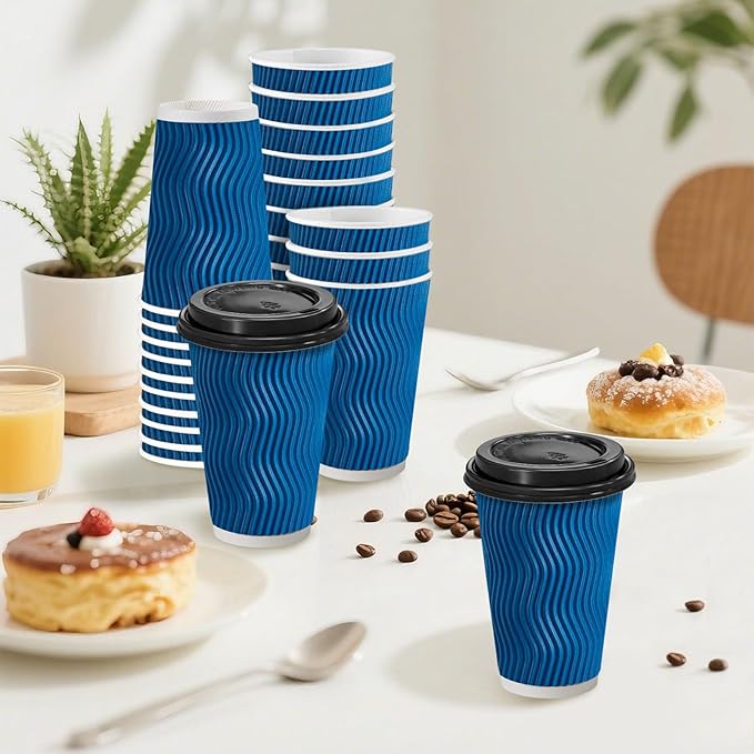 Clawsoff 100 Pack Coffee Cups with Lids 16 oz, Disposable Insulated Ripple Wall To Go Paper Coffee Cups for Hot/Cold Drinks Office Home Shop Event (Navy)