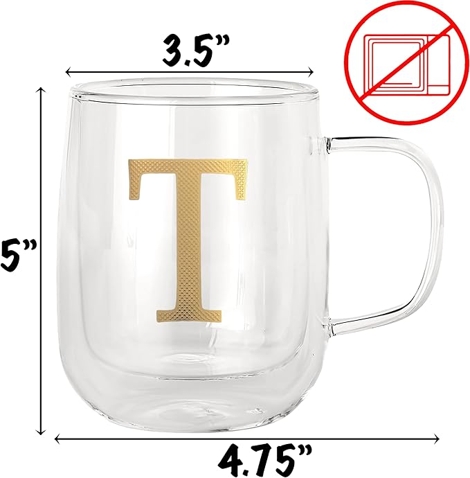 COLLECTIVE HOME - Double Walled Glass Coffee Mugs, Insulated Coffee Mug with Handle, Personalized Gifts for Women, Men, Christmas, 14 oz Monogram Cups (T)