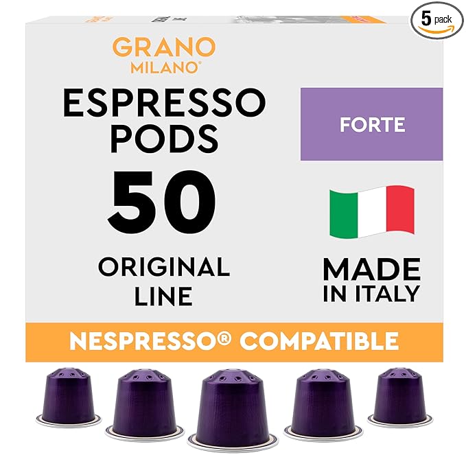 New Grano Milano Forte Coffee Capsules - 50 Aluminum Coffee Pods Compatible with Nespresso Original line, Dark Roast - Intensity 9/12, Made in Italy