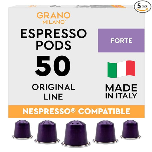 New Grano Milano Forte Coffee Capsules - 50 Aluminum Coffee Pods Compatible with Nespresso Original line, Dark Roast - Intensity 9/12, Made in Italy