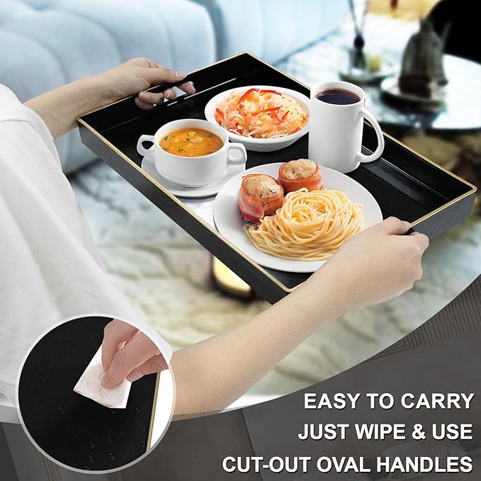 MAONAME Black Decorative Tray for Coffee Table, Modern Serving Tray with Handles, Plastic Rectangular Tea Trays for Ottoman, Bathroom Decor, 15.8” X 10.2” x 1.4"