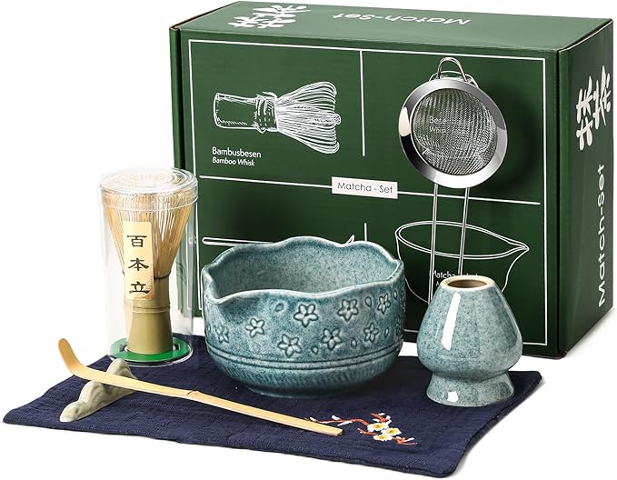 Matcha Whisk Set, 7 Pcs Matcha Kit Includes Ceramic Blue Matcha Bowl, Whisk and Holder, Bamboo Scoop, Scoop Stand, Sifter, and Tea Towel - Traditional Tea Ceremony Accessory Set for Matcha Lovers