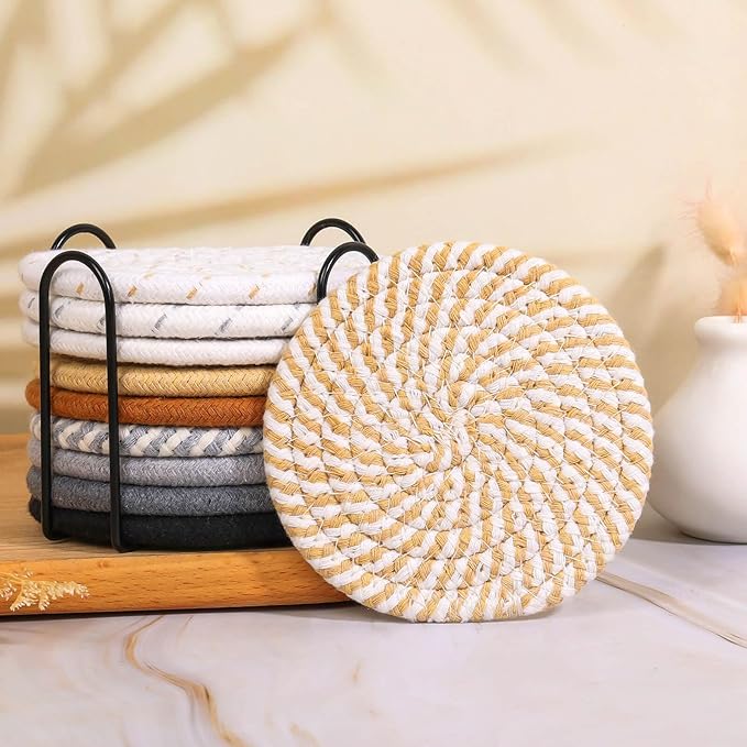 Billbotk 10 Pieces Coasters for Drinks, 10 Colors Absorbent Drink Coasters with Holder, Table Coaster Set for Home Decor, Apartment Decor Aesthetic, Living Room Essentials, 4.3 Inches