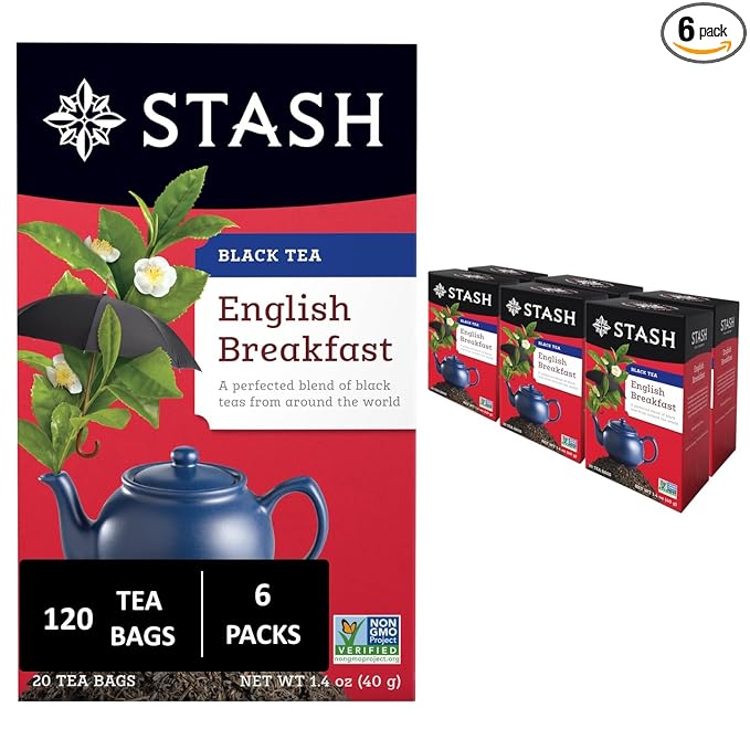 Stash Tea English Breakfast Black Tea - Caffeinated, Non-GMO Project Verified Premium Tea with No Artificial Ingredients, 20 Count (Pack of 6) - 120 Bags Total