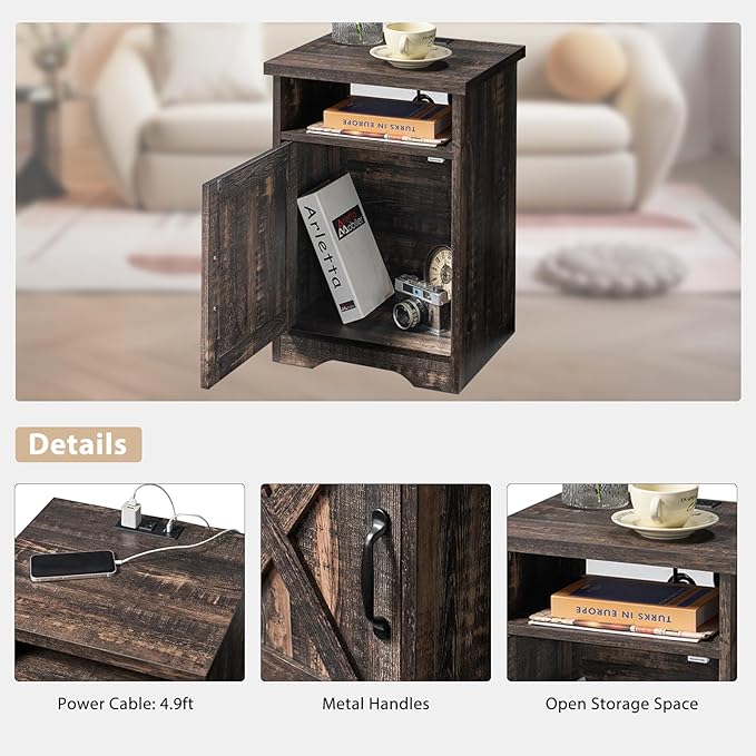 AMERLIFE 3-Piece Farmhouse Table Set Includes Coffee Table& Two End Tables, Side Table with Charging Station and USB Ports, for Living Room, Dark Oak