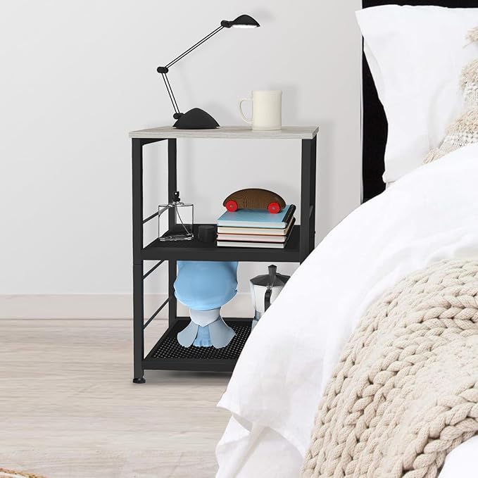 MOOACE Rustic 3 Tier End Table with Wheel,Side Table Nightstand Storage Shelf for Bedroom,Kitchen,Living Room and Office, Stable Metal Frame,Wood Top, Easy Assembly - Gray