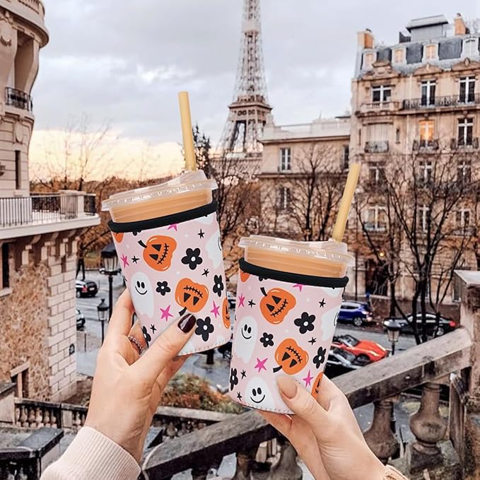 Reusable Insulated Neoprene Iced Coffee Cup Sleeve, Durable Drink Sleeve for Cold Beverages, Beverage Holder for Iced Coffee, Hello Pumpkin