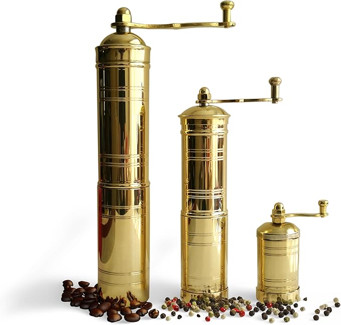 Set of Three Turkish Manual Coffee Grinders, Brass Coffee Mill with Handle, Fixed Top Pepper Grinder, Kitchen Decor