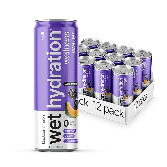 Wet Hydration | Functional Wellness Water, Non-Carbonated - Blackberry Melon (12 Ounce Cans, Pack of 12) - Flavored Water, Hydration Drink, No Sugar, No Artificial Ingredients, Zero Calories (Packaging May Vary)