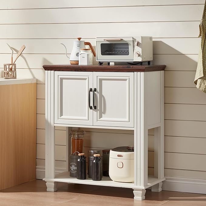 Farmhouse Coffee Bar Table with 2-Door Cabinet, Kitchen Storage Cabinets with Open Shelf, Coffee Station for Dining Room, Kitchen, Hallway, Living Room, White
