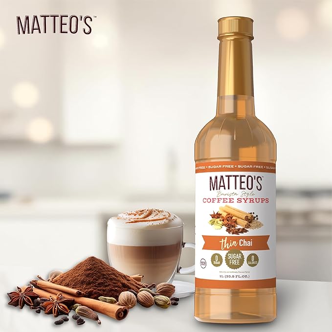 Matteo's Chai Syrup for Coffee, Lattes, Cappuccinos & Desserts – Sugar-Free Sweetener for Beverages, Keto Friendly, Zero Calories, Indulgent Flavor, Non-Alcoholic, Ideal for Hot Drinks 33.8oz (6pk)