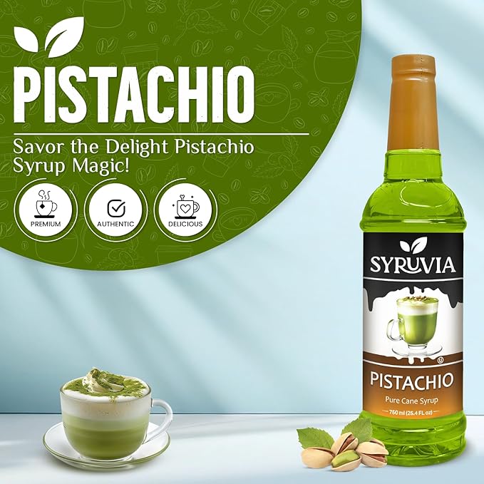 Syruvia Coffee Syrup, Pistachio Flavored Syrup for Drinks, and Desserts – 25.4 fl oz, With Pump