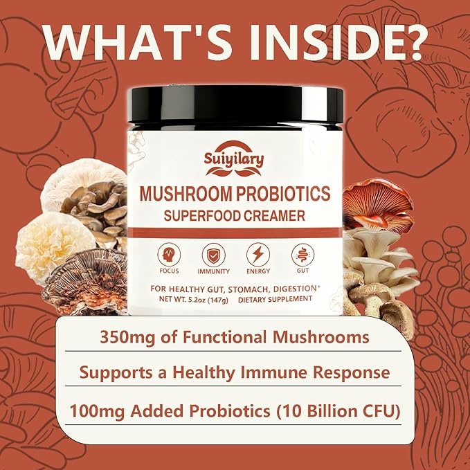 Mushroom Probiotic Coffee Creamer, 10 Mushrooms Creamer with Probiotics, Lion’s Mane, Cordyceps, Reishi, Turkey Tail, Shiitake for Gut, Digestion, Gluten Free 21 Serving