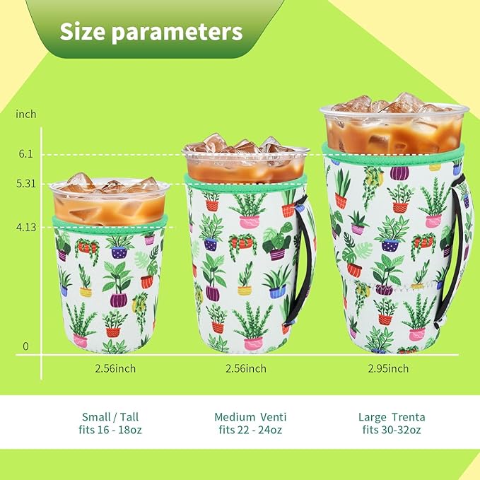 3 Pack Iced Coffee sleeve Insulated Neoprene Cup Sleeves with handle For Cold Drinks Beverages, Reusable Cup Holder for 16oz-32oz Coffee Cups (Green Living)
