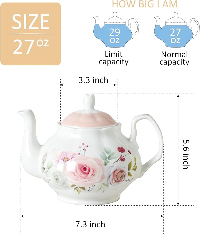 27oz Floral Porcelain Teapot, Classic Ceramic Teapot for Loose Leaf Tea & Tea Bags, Elegant Small Teapot with Rose Pattern, Dishwasher Safe