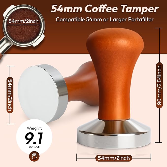 MADCHIEF 53.3mm Espresso Tamper- Wooden handle & Stainless Steel Ground Coffee Tamper Barista Tool – Fits 54mm Breville Sage Espresso Machines Portafilter