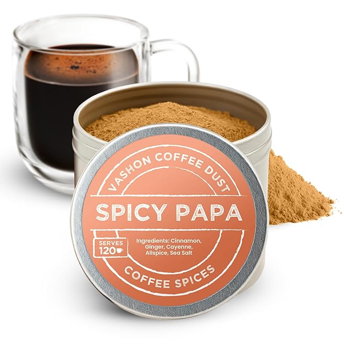 Coffee Dust Flavoring Powder, Spicy Papa (120 Servings) – All Natural Coffee Syrup Alternative - Adds Flavor, Aroma, Taste & Wellness to Drinks, Tea & Foods - Creamer Alternative