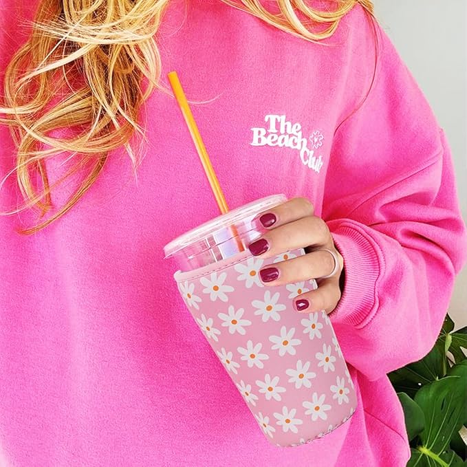 Reusable Insulated Neoprene Iced Coffee Cup Sleeve, Durable Drink Sleeve for Cold Beverages, Beverage Holder for Iced Coffee, Pink Daisies