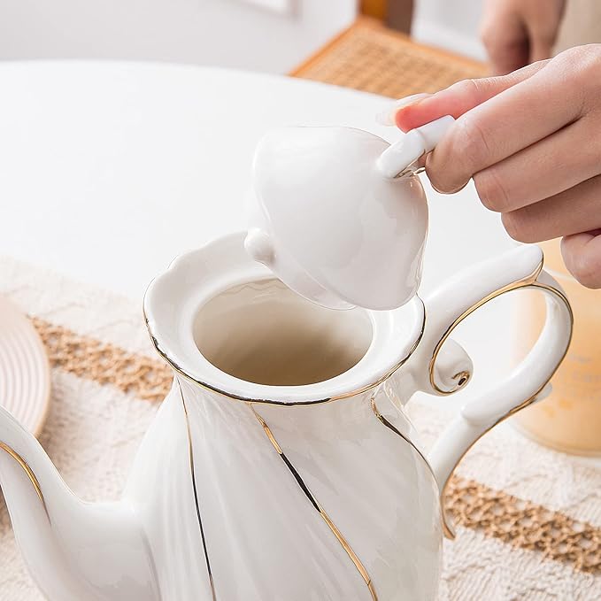 tea pot ceramic with lid, 38.8 Oz for Tea, Milk, Coffee, Flower tea(White with gold thread)