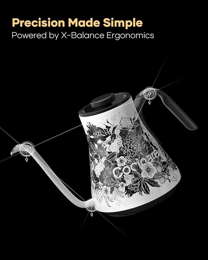 Cocinare Artisan Collection Blossom Gooseneck Electric Kettle, ±1℉ Precise Temperature Control for Pour-Over Coffee & Tea, Quick Heating 1500W, Stainless Steel Interior, 0.9L