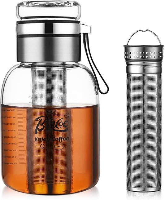 Bincoo Glass Cold Brew Coffee Maker with Extended Fine Mesh Filter, Tea Infuser Bottle Iced Coffee Maker with Thick Borosilicate Glas