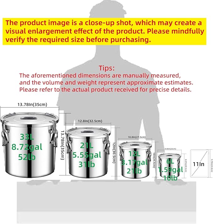 stainless steel food storage containers with lids lock clips airtight container large airtight for rice flour sugar grain coffee bean storage containers Kitchen jar (1.59gal/6L)