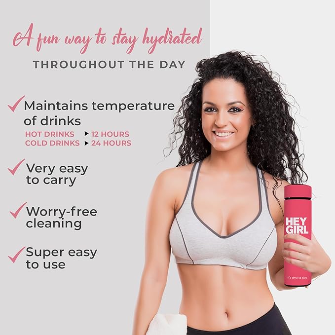 Hey Girl Tea Infuser Bottle 450ml - Insulated Stainless Steel Water Bottle - Tea Tumbler with Tea Diffuser - Portable Travel Mug for Loose Leaf Tea & Infused Water - Tea Lovers Gifts for Women