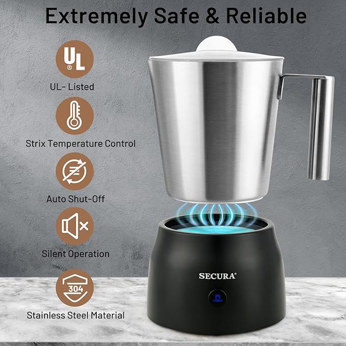 Secura Detachable Milk Frother and Steamer, 17oz Electric Milk Warmer with Glass Jug, 4-in-1 Hot & Cold Foam Maker for Latte, Cappuccinos & Hot Chocolate, Dishwasher Safe, BPA & Teflon-Free Design