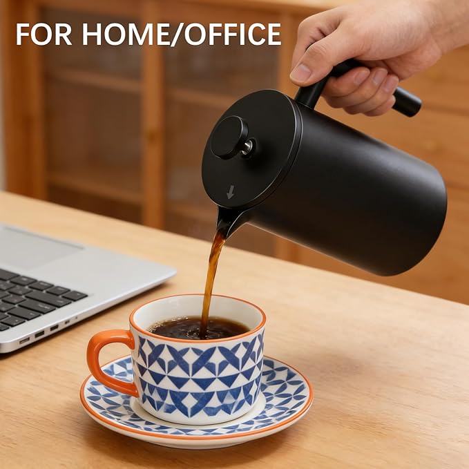 CAOANTRY French Press Coffee Maker, 304 Grade Stainless Steel French Press with 2 Extra Filters for Home, Office, Travel, Camping - 34OZ/2 Litre (Black)