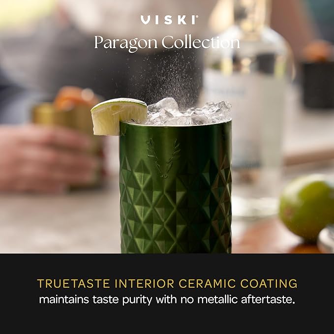 Viski Paragon Stainless Steel Highball Tumbler Cup with Lid, Insulated Ceramic Lined Metal Cocktail Glass for Patio, Outdoor Party, Wedding Gifts, Drink Lover Gifts, 16 oz Set of 1, Satin Green