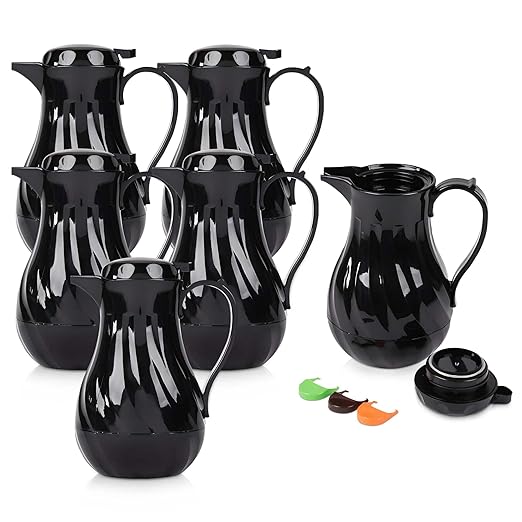 OCS Parts Set of 6 Easy Pour Thermal Coffee Carafes | 10-Inch Insulated Hot and Cold Beverage Pitcher Server for Coffee, Tea, Hot Chocolate and Water | 42-Ounce | Black
