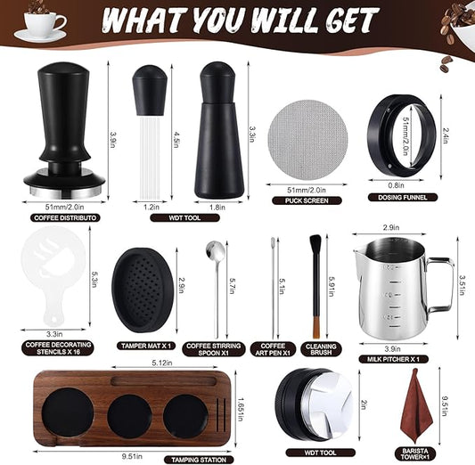 Ferrochef 13 Pcs Espresso Accessories Set 51mm Tamper WDT Espresso Distribution TOOL Kit Frothing Pitcher, Mat, Latte Art Pen, Sandalwood Tamping Station, Barista Towel, Brush and Decorative Stencils