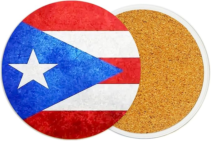 2Pack Puerto Rico Flag Ceramic Coasters Absorbent Coasters for Drinks with Cork Base,Coaster for Table Office Desk Coffee Cup Wine Beer Bar Cup Mat 3.9 Inch, Puerto Rico Gifts for Women, Men, Dad